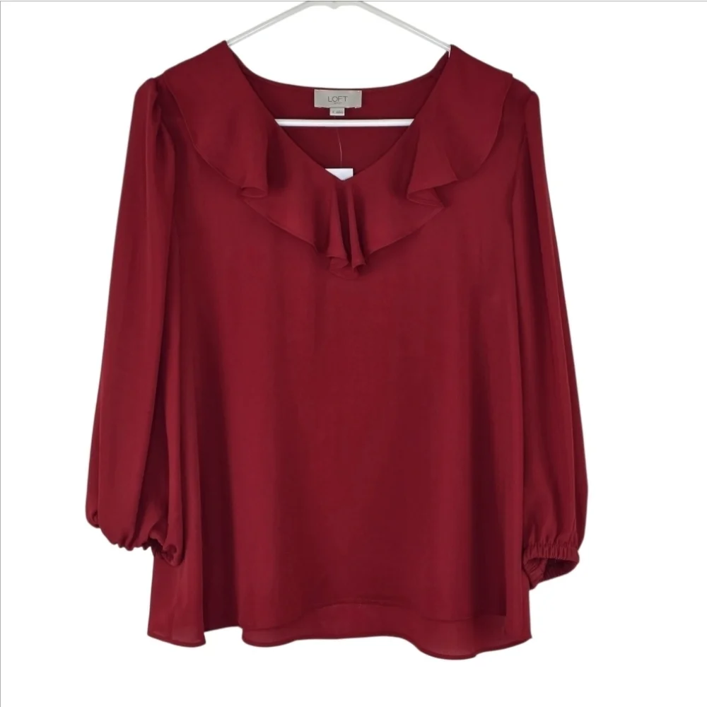 NWT LOFT Outlet Red Chiffon Ruffle Neck Blouse Size Small